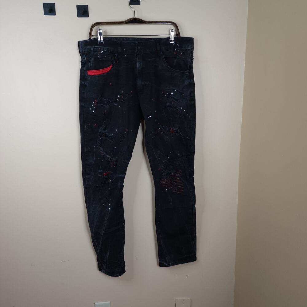 Smoke Rise Slim Fit Black Paint Splatter Acid Wash Distressed Moto Jeans 36x32